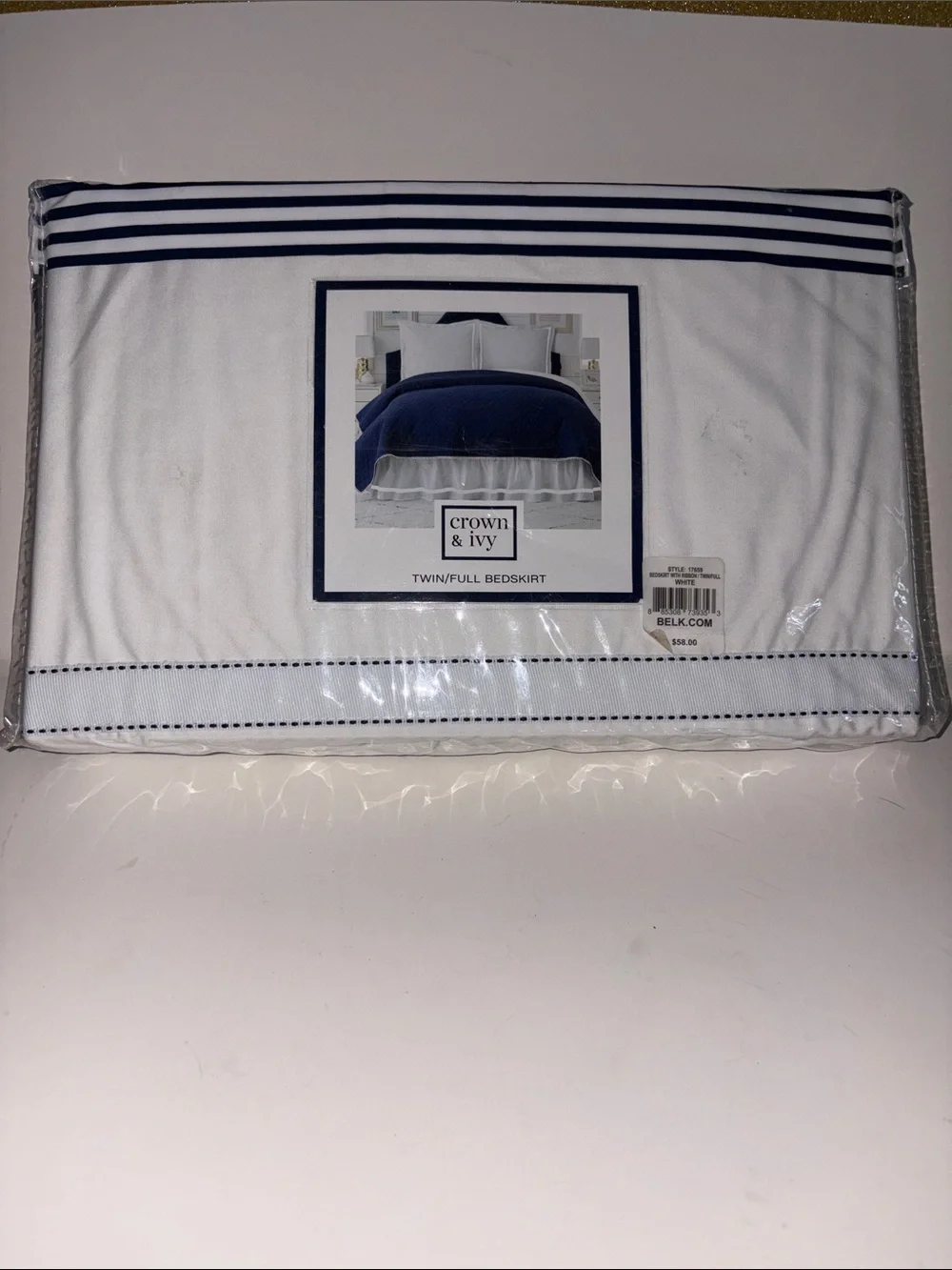 crown & ivy White Bedskirt with Navy Trim